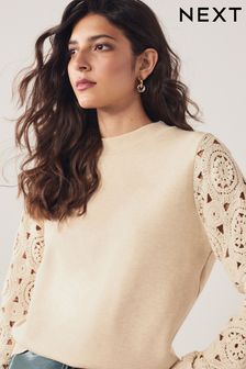 Ecru White Crochet Insert Sleeve Cosy Crewneck Long Sleeve Jumper Top