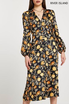 Longsleeve Floral Midi Black Dresses 
