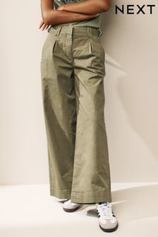 Khaki Green Pleat Front Wide Leg Chino Trousers