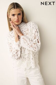 Ecru White Crochet Knitted High Neck Jumper