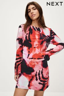 Pink/Red Abstract Butterfly Long Sleeve Column Mini Dress