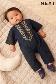 Navy Blue Occasion Linen Blend Baby Romper (0mths-2yrs)