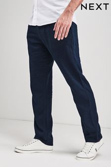 Navy Blue Linen Blend Drawstring Trousers