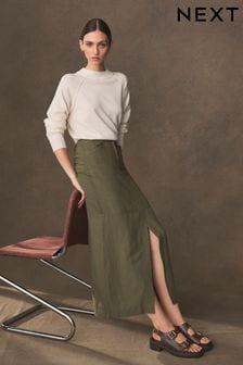 Khaki Green Linen Blend Midi Column Skirt