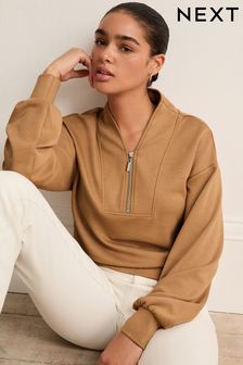 Neutral Slinky Notch Neck Long Sleeve Quarter Zip Sweatshirt