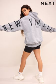 Grey Oversized Relaxed Fit New York Back Graphic Slogan Longline Hoodie