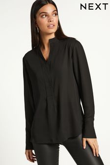 Black Long Sleeve Overhead V-Neck Relaxed Fit Blouse