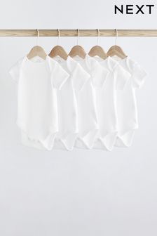 White 5 Pack Plain Short Sleeve Baby Bodysuits