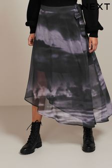 Blue/Black Abstract Print Asymmetric Hem Skirt