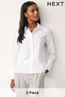 White Fitted Collared Long Sleeve Shirts 2 Pack