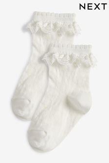 2 Pairs Women Girls High Knee Socks with Ruffle Flower Lace White Black Socks Lace Socks