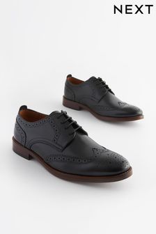 Black Leather Contrast Sole Brogue Shoes