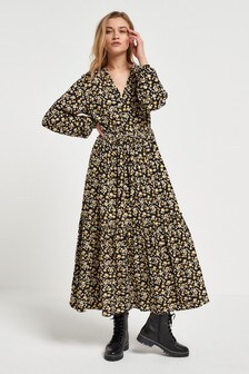 Longsleeve Floral Midi Black Dresses 