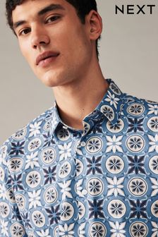 Blue Geometric Regular Fit Printed Short Sleeve Shirt