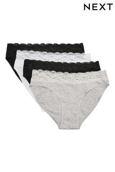 White/Black/Grey Cotton and Lace Knickers 4 Pack