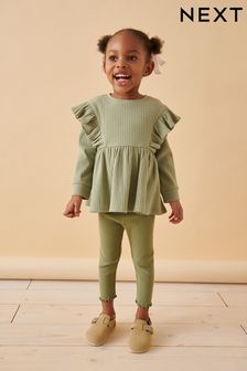 Green Brushed Ribbed Long Sleeve T-Shirt and Leggings Set (3mths-7yrs)