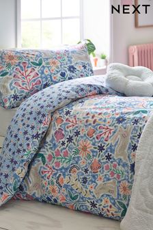 Blue 100% Cotton Floral Bunny Duvet Cover and Pillowcase Set