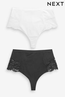 Black/White Cotton Tummy Control Shaping Thong Knickers 2 Pack