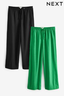 Black/Green Tie Waist Wide Leg Trousers 2 Pack With Linen