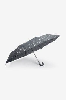 Grey Metallic Raindrop Print Crook Handle Umbrella