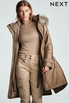 Fawn Brown Longline Shower Resistant Cotton Blend Padded Parka