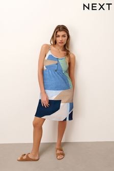Blue Abstract Button Down Cotton Cami Summer Dress