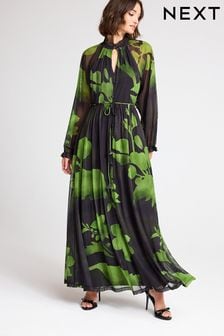 Black/Green Floral Long Sleeve Button Detail Mesh Maxi Dress