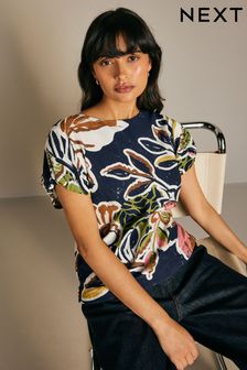 Navy Floral Print Gathered Short Sleeve Textured Boxy T-Shirt