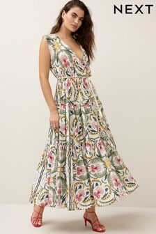 Ecru/Multi Paisley Print Sleeveless V-Neck Belted Maxi Dress