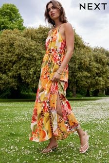 Kew Collection Yellow Floral/Fruit Print Strappy Maxi Summer Dress