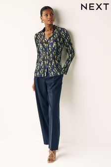 Navy Blue Floral Pleated Long Sleeve Fitted Shirt
