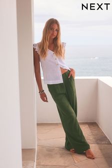 Khaki Green Linen Blend Wide Leg Trousers