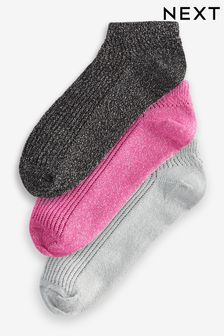 Pink/Black/Silver Sparkle Pellerine Trainers Socks 3 Pack