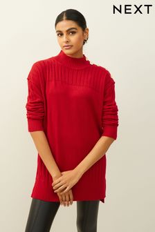 Red Gold Button Longline Cosy Jumper