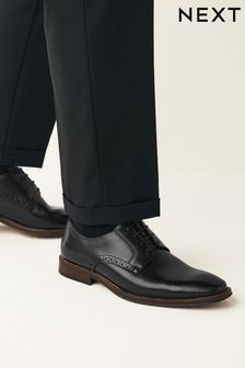 Black Leather Contrast Sole Derby Shoes