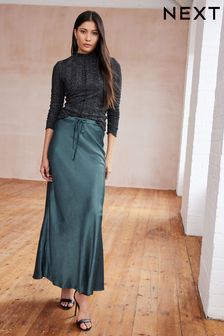 Green Long Length Satin Skirt