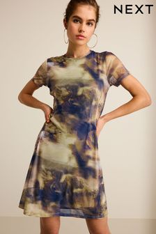 Blue Scenic Print Corset Detail Mini Dress