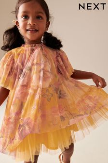 Ochre Yellow Floral Mesh Dress (3mths-7yrs)