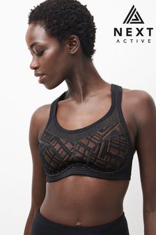 Black/Coral Next Active Sports Lace Overlay High Impact Wired Bra