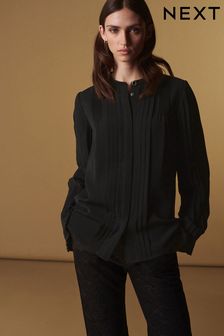 Black Premium Pintuck Long Sleeve Blouse