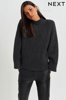 Charcoal Grey Stitch Detail High Neck Long Sleeve Jumper