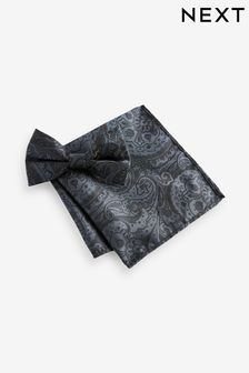 Black/Silver Paisley Bow Tie And Pocket Square Set