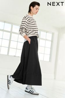 Black Poplin Midi Shirred Waist Skirt