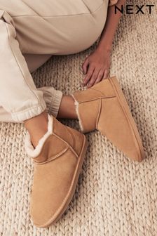 Tan Brown Faux Fur Lined Suede Slipper Boots