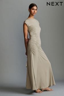 Natural Stone Ruched Cap Sleeve A-Line Maxi Dress