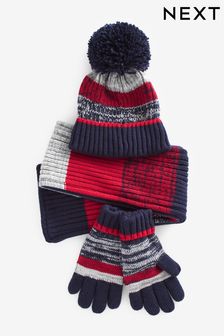 Navy Blue/Red Stripe Hat, Scarf and Gloves Set (3-16yrs)