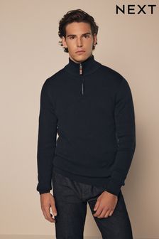 Navy Blue Texture Regular Fit 100% Cotton Premium Zip Neck Jumper