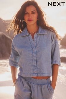 Mid Blue Denim Cheesecloth Short Sleeve Shirt