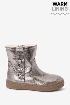 Pewter Silver Warm Lined Flower Zip Boots
