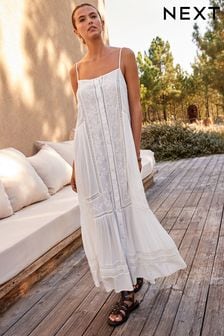 White Embroidered Strappy Maxi Summer Dress